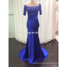 Wholesale Elegant Dresses Design Scoop Neck Sheath Royal Blue Satin Sequined Keyhole Back Short Sleeve Evening Dress C12